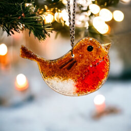 Fused Glass Robin Christmas Ornament Handmade Gold Lustre Decoration