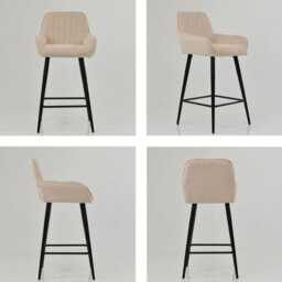 Cream Fabric Bar Stool With Backrest - Breakfast & Kitchen Stool, Contemporary Black Metal Base - thumbnail 4