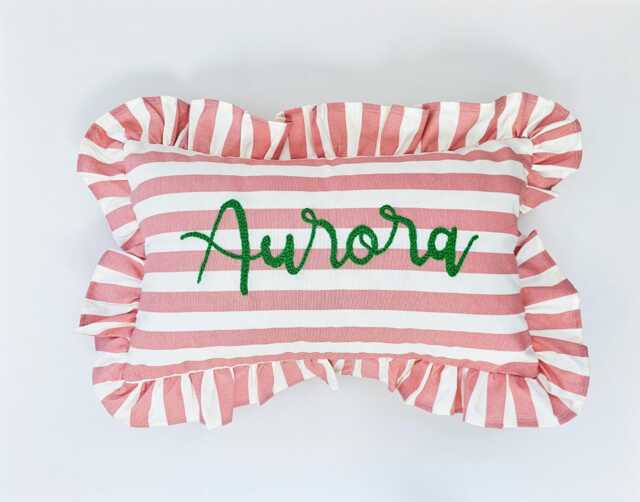 Personalized Striped Ruffle Pillow, Custom Name Embroidered Pink Lumbar Cushion, Nursery Decor - image 1