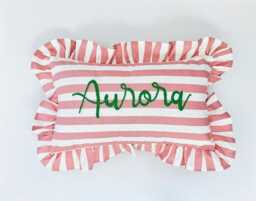Personalized Striped Ruffle Pillow, Custom Name Embroidered Pink Lumbar Cushion, Nursery Decor - thumbnail 1