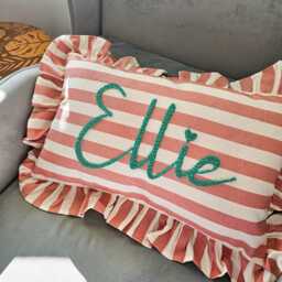 Personalized Striped Ruffle Pillow, Custom Name Embroidered Pink Lumbar Cushion, Nursery Decor - thumbnail 3