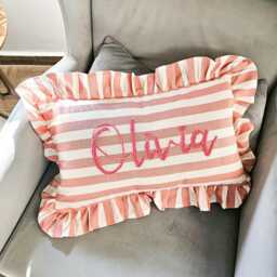 Personalized Striped Ruffle Pillow, Custom Name Embroidered Pink Lumbar Cushion, Nursery Decor - thumbnail 2