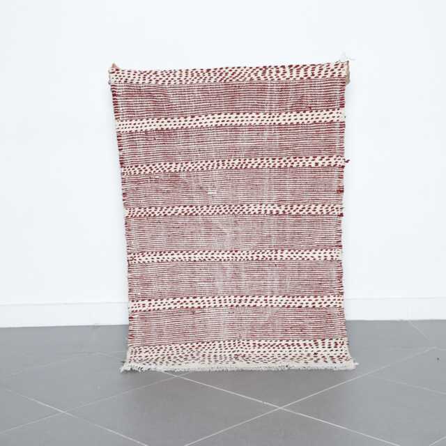 Minimalist Moroccan Red & White Striped Rug - 130x88cm Wool Handmade Berber Carpet - image 1