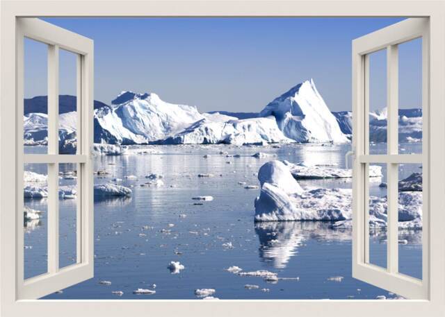 Antarctic Icebergs Wall Decal, 3D Window Greenland Frame, View Mural, Living Room Home Decor