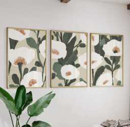 Minimal Floral Botanical Wall Art Posters - Neutral Green Beige Set Of 3 - thumbnail 1