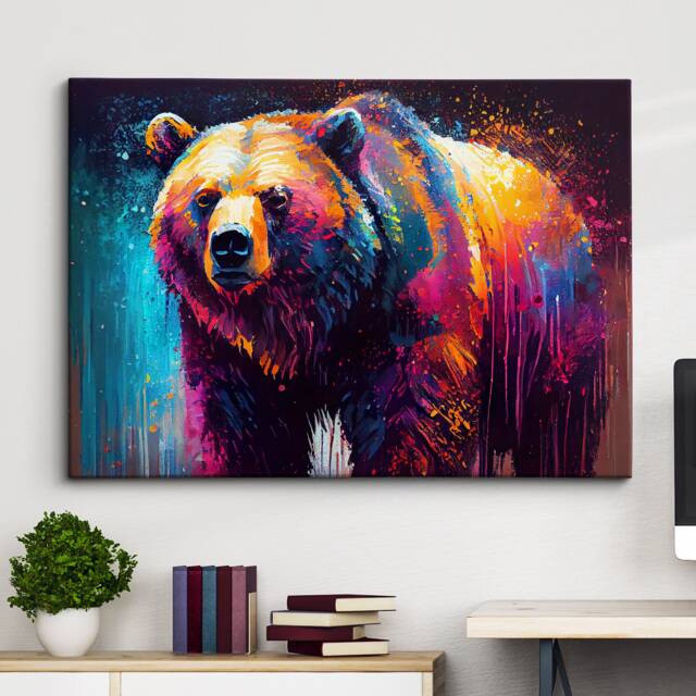 Bear Animal Abstract Oil Painting Splatter Modern Paint Style Wall Art Framed Canvas Poster Print, Home/Office Room Decor Gifts - image 1