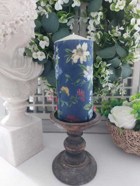 Beautiful Vintage Design Dark Blue Floral Wax Or Flameless Pillar Candles - image 1