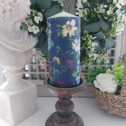 Beautiful Vintage Design Dark Blue Floral Wax Or Flameless Pillar Candles - thumbnail 3