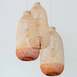 Bamboo Pendant Cluster Light Set Rust Orange, Terracotta Copper, Rattan Basket Lamp Shades - thumbnail 3