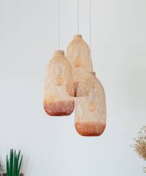 Bamboo Pendant Cluster Light Set Rust Orange, Terracotta Copper, Rattan Basket Lamp Shades