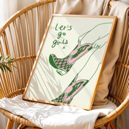 Cowboy Boots Let's Go Girls Green & Pink Print Western Cowgirl Artwork Unframed Poster, Hen Do Birthday Gift Idea - thumbnail 2