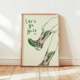 Cowboy Boots Let's Go Girls Green & Pink Print Western Cowgirl Artwork Unframed Poster, Hen Do Birthday Gift Idea - thumbnail 1