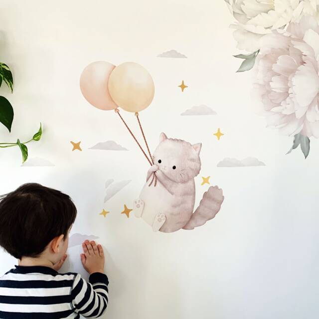 Grey Balloon Cat Wall Decal, Plastic-Free Kids Room Wall Stickers - image 1