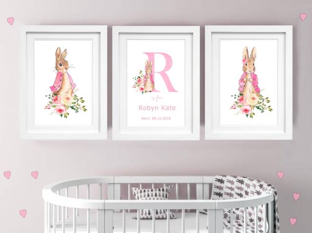 Peter Rabbit Flopsy Bunny Set Of Three Prints Nursery Girls Baby Room A3 A4 A5 Personalised 300Gsm Quality Linen Card