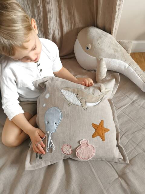 Embroidered Linen Ocean Nursery Pillow, Whale, Octopus, Shell - image 1