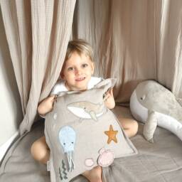Embroidered Linen Ocean Nursery Pillow, Whale, Octopus, Shell - thumbnail 3