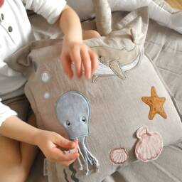 Embroidered Linen Ocean Nursery Pillow, Whale, Octopus, Shell - thumbnail 2