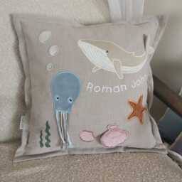 Embroidered Linen Ocean Nursery Pillow, Whale, Octopus, Shell - thumbnail 4