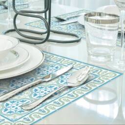 Set Of Vinyl Placemats in Green & Turquoise. Tiles Place Mats Printed To Order On Durable PVCvinyl. Art Mat Tableware - thumbnail 1