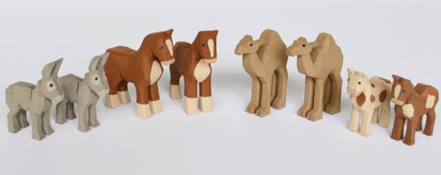 Hand Carved Wooden Noah's Ark Animals Donkey, Draft Horse, One Hump Camel & Spotted Ponies - image 1