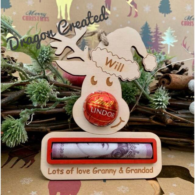 Personalised Reindeer Christmas Ornament Money & Chocolate Holder, Cash Envelope - image 1