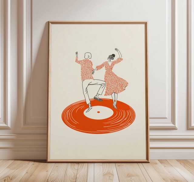 Dancing Couple Wall Art Print, Retro Record Player Poster, Modern Music Inspired Illustration For Home Bar Or Living Room - image 1