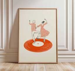 Dancing Couple Wall Art Print, Retro Record Player Poster, Modern Music Inspired Illustration For Home Bar Or Living Room - thumbnail 1
