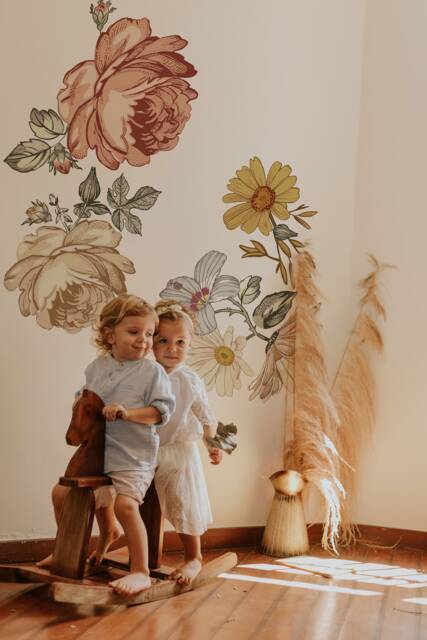 Peony Floral Nursery Wall Decal - Soft Vintage Kids Room Stickers, Peel & Stick - image 1