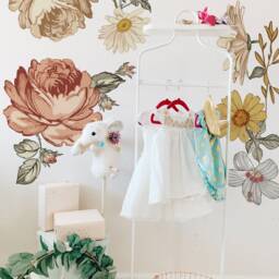 Peony Floral Nursery Wall Decal - Soft Vintage Kids Room Stickers, Peel & Stick - thumbnail 2