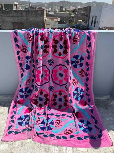 Handmade Velvet Suzani Quilt - Colorful Bohemian Bedspread - image 1