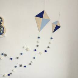 Hand-Painted Kite Nursery Decor Pastel & Royal Blue, Wool Felt Stars - thumbnail 3