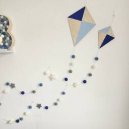 Hand-Painted Kite Nursery Decor Pastel & Royal Blue, Wool Felt Stars - thumbnail 2