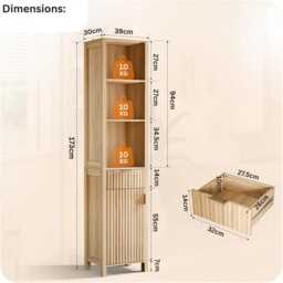 Bathroom Cabinet Slim Oak Freestanding Storage Unit Fluted Door, Drawer & Adjustable Shelves - thumbnail 4