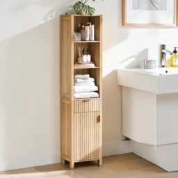 Bathroom Cabinet Slim Oak Freestanding Storage Unit Fluted Door, Drawer & Adjustable Shelves