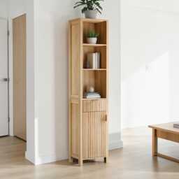 Bathroom Cabinet Slim Oak Freestanding Storage Unit Fluted Door, Drawer & Adjustable Shelves - thumbnail 3