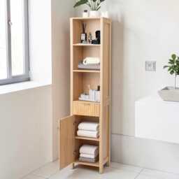 Bathroom Cabinet Slim Oak Freestanding Storage Unit Fluted Door, Drawer & Adjustable Shelves - thumbnail 2