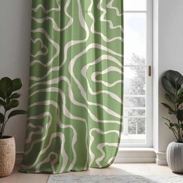 Abstract Topographic Curtains, Green & White Wavy Line Window Drapes, Modern Living Room & Kitchen Decor, Custom Length Panel Curtains - image 1