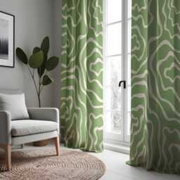 Abstract Topographic Curtains, Green & White Wavy Line Window Drapes, Modern Living Room & Kitchen Decor, Custom Length Panel Curtains - thumbnail 2