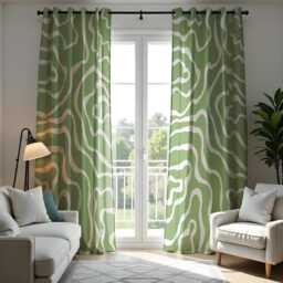Abstract Topographic Curtains, Green & White Wavy Line Window Drapes, Modern Living Room & Kitchen Decor, Custom Length Panel Curtains - thumbnail 3