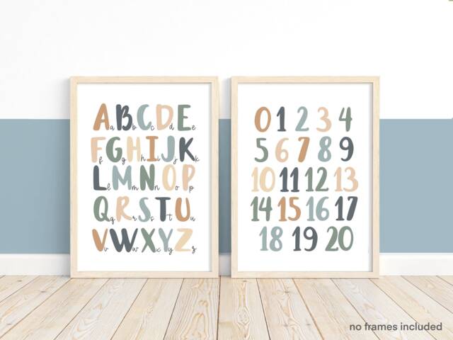 Alphabet & Numbers Print Set, Blue Green Educational Prints, Scandi Nursery, Playroom Kids Art - image 1