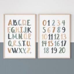 Alphabet & Numbers Print Set, Blue Green Educational Prints, Scandi Nursery, Playroom Kids Art - thumbnail 2
