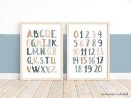 Alphabet & Numbers Print Set, Blue Green Educational Prints, Scandi Nursery, Playroom Kids Art - thumbnail 1