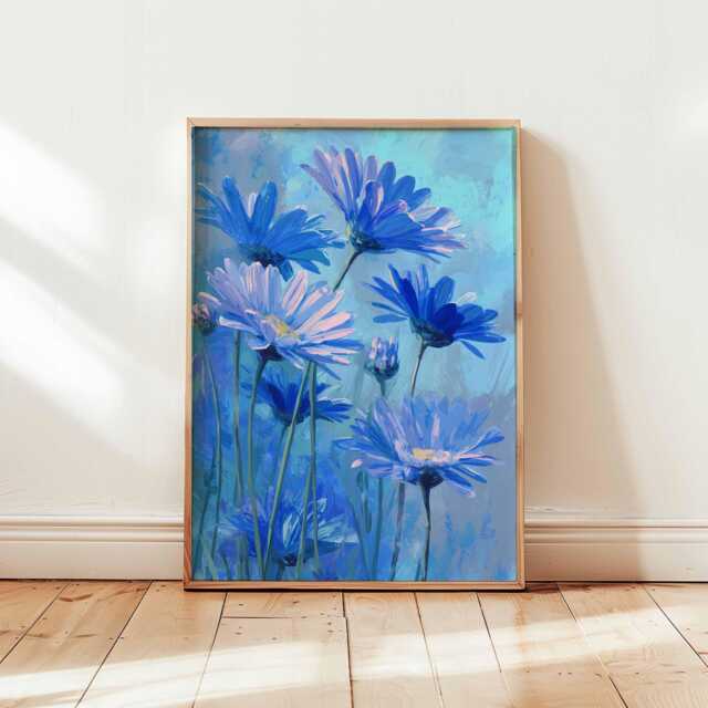 Blue Daisy Wildflower Painting, Vibrant Floral Wall Art, Impressionist Botanical Print, Bright Nature Poster For Home Decor - image 1