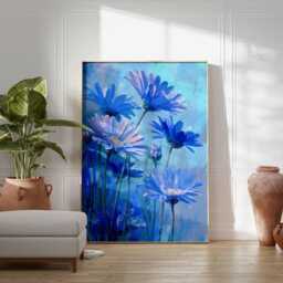 Blue Daisy Wildflower Painting, Vibrant Floral Wall Art, Impressionist Botanical Print, Bright Nature Poster For Home Decor - thumbnail 2