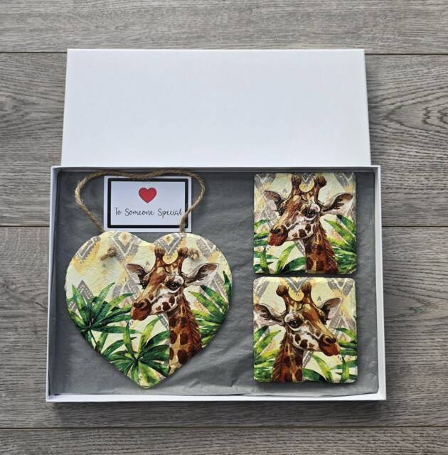 Giraffe Slate Heart Wall Hanging With Matching Coasters Safari Decor - image 1