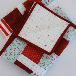 Reduced Price Red, White & Teal Baby Quilt, Four Patch Flowers & Hearts Blanket For Newborns Or Toddlers, Backing With - thumbnail 4