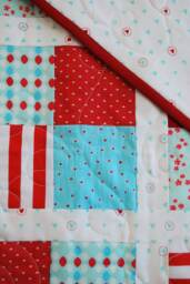 Reduced Price Red, White & Teal Baby Quilt, Four Patch Flowers & Hearts Blanket For Newborns Or Toddlers, Backing With - thumbnail 1