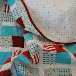 Reduced Price Red, White & Teal Baby Quilt, Four Patch Flowers & Hearts Blanket For Newborns Or Toddlers, Backing With - thumbnail 3