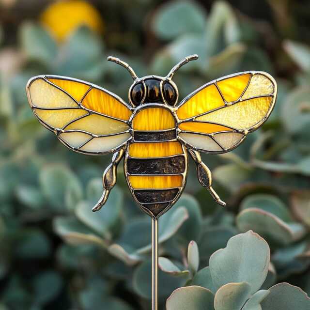Bee Real Stained Glass Plant Stake - Handmade Garden Decor, Real Marker Decor Pot Decoration - image 1
