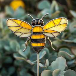 Bee Real Stained Glass Plant Stake - Handmade Garden Decor, Real Marker Decor Pot Decoration - thumbnail 1